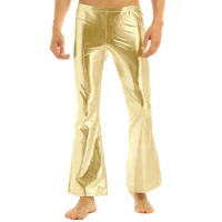 Adult Mens Shiny Metallic 70's Disco Pants Bell Bottom Flared Long Pants Dude Costume Trousers Fashion Theme Party Clubwear