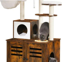Cat Tree with Wooden Box Litter Box Enclosure Integrated Indoor Cat Furniture Training Cat Scratching Climbing Frame