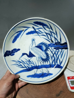 日本回流瓷器古董清代老青花蘆葦雙鶴盤。大型全品無毛病，畫工發