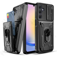 Case For Samsung Galaxy S24 S23 S22 S21 Ultra Plus S20 FE A55 A34 A54 A15 A53 A14 4G 5G Slide Camera Card Holder 360° Ring Cover