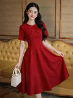 Dress Midi El Arsi Cina Styloe Pesta formal Kasual Kondangan imlek Natal Paskah Scuba Merah Marun Pu