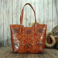 Nesitu Highend Flower Pattern Vintage Brown Coffee Genuine Leather Women Handbag Female Purse Shoulder Bag Shopping Tote M113
