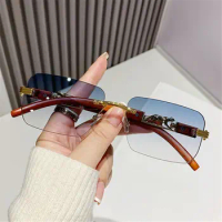 Metal Temples Rimless Cut Edge Sunglasses Cool UV400 Cheetah Design Sunglasses Unique Summer Traveling Eyewear