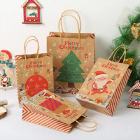 100Pcs/Lot Christmas Paper Gift Bags Kraft Paper Bags with Handles and Tags for Christmas Party Decor Christmas Goody Treat Bags