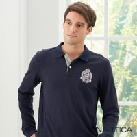 【NAUTICA】學院風圖騰長袖POLO衫(深藍)