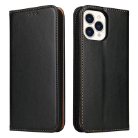 Fierre Shann 真皮紋 iPhone 15 Pro (6.1吋) 錢包支架款 磁吸側掀 手工PU皮套