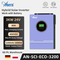 Anern Solar Hybrid Inverter 3KW 3200VA 24V Pure Sine Wave 2KVA Off Grid Inverter 12V Max PV 400V Bui