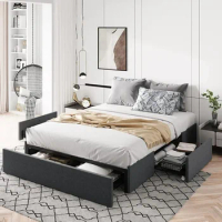 Queen Size Platform Bed Frame with 3 Storage Drawers, Fabric Upholstered, Wooden Slats Support, No Box Spring Needed