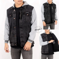 JAKET BASEBALL DENIM HOODIE PRIA TERBARU - JAKET BASEBAL PRIA REGLAN Grey Jeans Fleece  Tebal Bandun