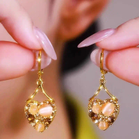 New Coffee Color Heart Full Diamond Ear Clips Sweet Heart-to-Heart Earrings Champagne Gold Peach Hea