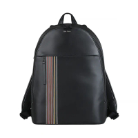 【Paul Smith】Paul Smith燙印草寫金字LOGO多色條紋設計小牛皮雙層拉鍊後背包(黑)