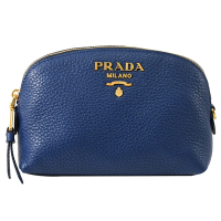 PRADA 金屬LOGO荔枝牛皮貝殼造型拉鍊萬用包/化妝包(藍)